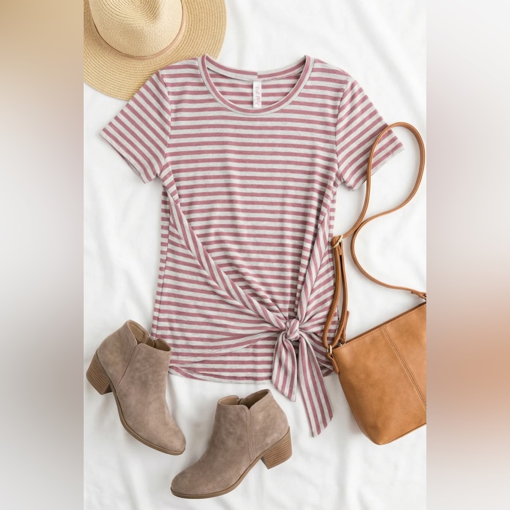 059 Red Lolly Mauve Stripe Tie Detail Short Sleeve Top